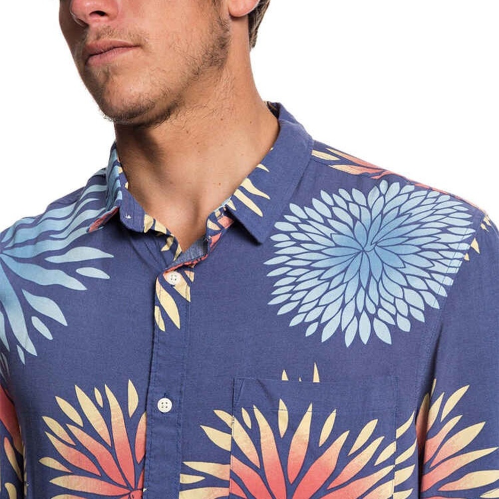 Quiksilver Variable Floral Bijou Blue SS Button Down Shirt Mens Large Modern Fit - Picture 7 of 8